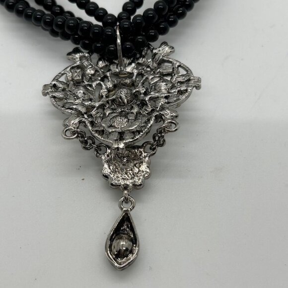 Vintage-Inspired Black Beaded Necklace With Aurora Borealis Rhinestone Pendant - Picture 9 of 13